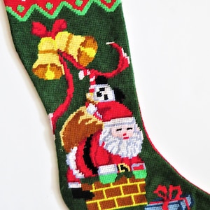 Santa Needlepoint  Stocking, Santa on Chimney, Bells Presents, Noel, Moss Green, Red Backing, 21 in diagonal, Christmas Holiday Decor