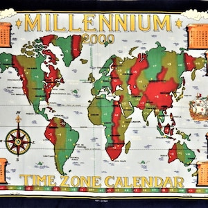 Millennium 2000 kökshandduk, tillverkad i Storbritannien, tidszonskalender kökshandduk i bomull, världskarta, brittisk samlarsouvenir, oanvänd