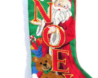 Needlepoint Stocking with  Red Backing, 21 in diagonal, Christmas Holiday Mantel Decor