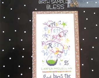 Bless Birth Sampler Counted Cross Stitch CHART and Charms, Sisters and Best Friends Graph Pattern, Whimsical Alphabet God Bless Moon and Me