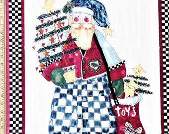 Christmas Santa Country Claus Wall Hanging Fabric Panel. Alma Lynne Vintage 90s, Primitive Country Rustic, Christmas Cheater,