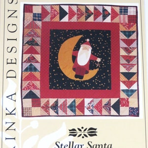 Stellar Santa Quilt Pattern, Kathy Boudreau, Katrinka Designs, 26 x 26,&quot; Santa on Moon Christmas Applique Wall Quilt  or Table Topper
