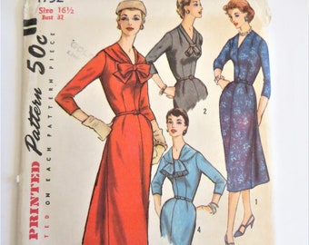 Simplicity 1752, 50s Dress Pattern, Slim Skirt Flared in Back, Draped Collar, Half Size, Size 16 1/2, Bust 37 Waist 31 Mad Men Dress, uncut