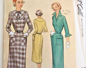 McCall 8197, Vintage 50s Dress Sewing Pattern, Slim Skirt, Big Pockets, Size 18 Bust 36 in, Mad Men Secretary Dress, uncut printed pattern