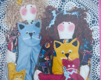 Decorative Dolls and Cats Carol Marie & Kermit Sewing Pattern, Leslie Beck Fiber Mosaics, to sew 19 inch Girl and Kitty, uncut paper pattern