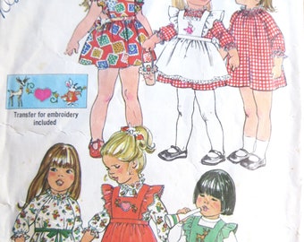 Simplicity 7197 Pattern for Toddler Dress Pinafore Pants Size 2, deer heart rabbit transfer for embroidery included