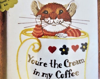 Cream in My Coffee Crewel Embroidery Kit Funny Whimsical Mouse in Coffee Cup, Dimensions 6021, 5 x 7 inches, Wallace Tripp, Friendship