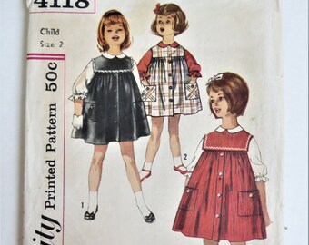Simplicity 4118 Toddler Jumper Dress and Blouse, Full Yoke Jumper Blouse Peter Pan Collar, Full Sleeves, Girl's Size 2 chest 21