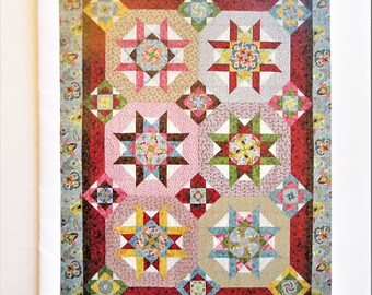 Kaleidoscope Garden Quilt Pattern, Star Flowers Patchwork Pattern, Quilt Moments QM110, Marilyn Foreman, Small Twin Queen King Sizes