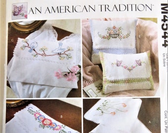 McCall's 4544 Sewing Pattern for Floral Embroidered Dresser Scarf, Pouch Pillows, Vintage Inspired American Tradition Pattern,  uncut