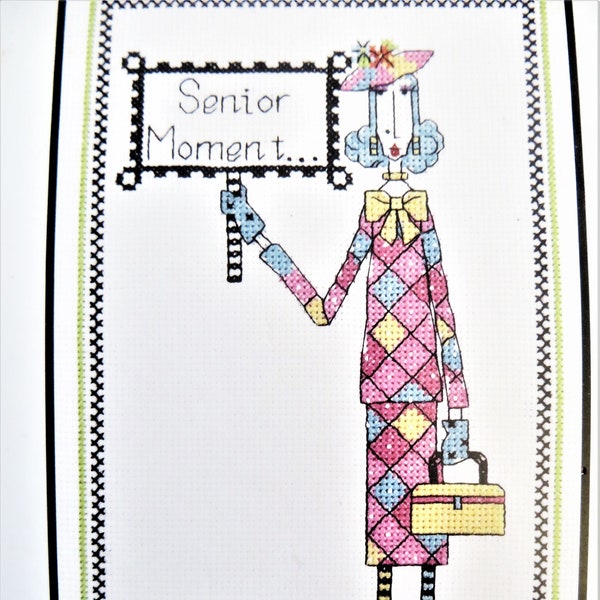 Dolly Mamas Counted Cross Stitch Kit, Senior Moment, Janlynn 019-0409, Funny Whimsical Woman, 6 x 10 inches, 14 ct aida, complete kit