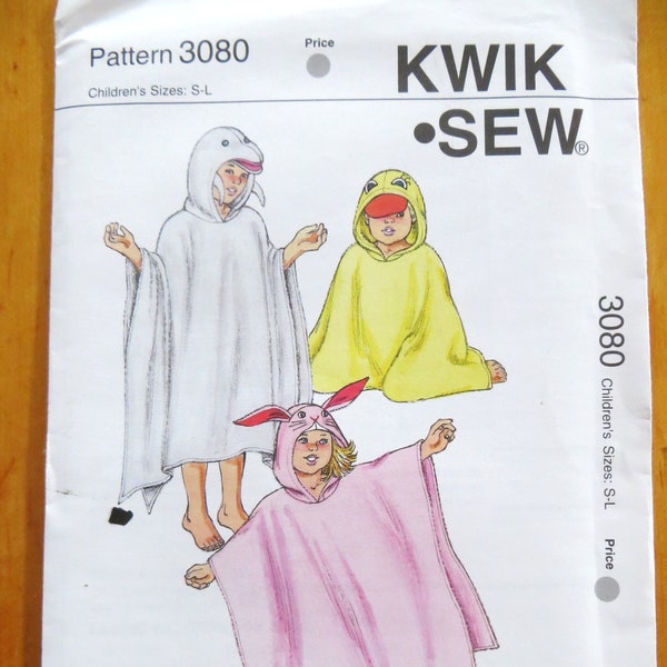 Kwik Sew 3080 Pattern for Children's Hooded Animal Towels, Duck Bunny Dolphin Bath Towels Beach Cover Ups, Childrens Small and Large