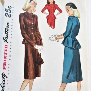 May include: Vintage Simplicity sewing pattern for a two-piece dress. The pattern is for size 12, bust 30 inches. The pattern is printed on a white background with illustrations of the dress in brown, red, and blue.