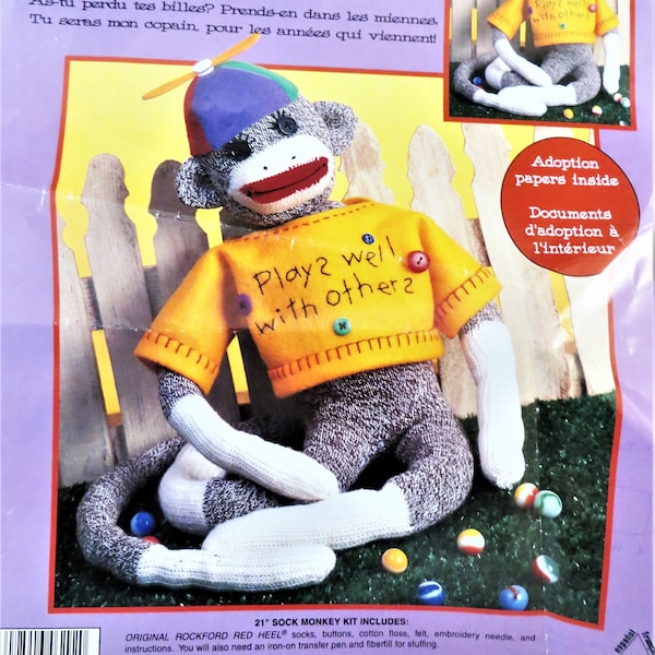 BUDDY Sock Monkey Kit, Leisure Arts Craft kit 46292, 21 inch Soft Stuffed Monkey Doll Kit, Red Heel Brown Socks, vintage 90s kit