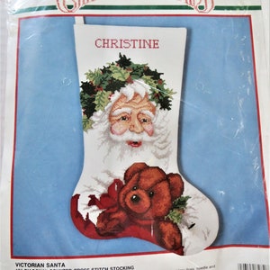 Bucilla Kit Victorian Santa Stocking Counted Cross Stitch Kit 82826, Father Christmas Teddy Bear, 18 in diagonal, May Be Personalized,