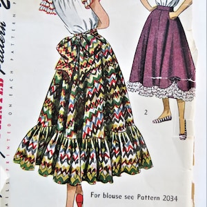Simplicity 2571 Sewing Pattern, 40s Long Full Flared Waistband Skirt with Ruffle at Bottom Hem, Waist Ties for Big Bow, Waist size 24 Hip33