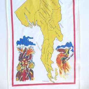 Papua-Neuguinea Handtuch, Baumwollküche Geschirrtuch, Vintage Ozeanien Südpazifik Souvenir, Native Vogel Schmetterling Fisch Karte
