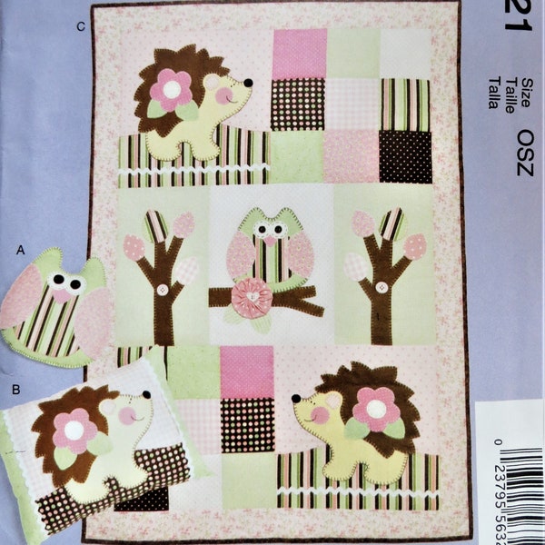 McCall's 6721 Baby Quilt Pattern, Owl Pillow, Patchwork Applique, Bird Animal Nursery Decor, Baby Crib Quilt, Gift for Baby