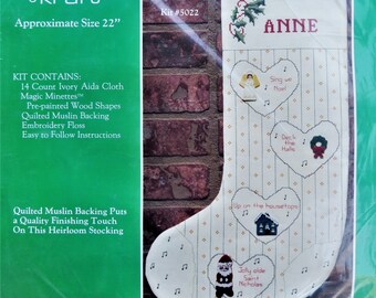 Jumbo Christmas Stocking Counted Cross Stitch Kit, White Quilted 22 inch Stocking, Hobby Kraft 5022, To Be Personalized, Vintage 80s Kit