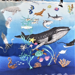 What’s In Our Oceans? Ocean Sealife Fabric Panel, Fabric Traditions, 35 x 45 inches, whale octopus starfish seahorse exotic fish