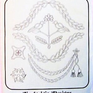 May include: A black and white image of a Trapuntp pattern for heirloom quilt designs. The pattern includes a variety of designs, including birds, flowers, and wreaths. The text "Newstalgia Designs" is at the bottom of the image.