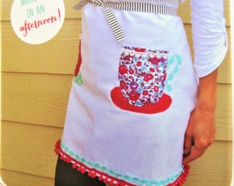 Tea Towel Apron Sewing Kit, Crafternoon HRCN115, Hazel and Ruby New in Package, Teacup Pockets, Apron to Sew, Complete Kit, Fabric and Trims