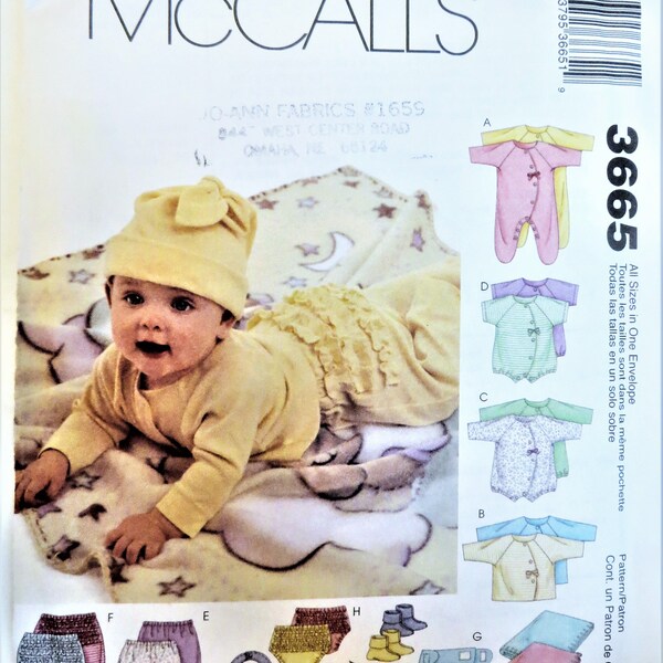 McCall's 3665 Sewing Pattern for Knits, Infant Coveralls, Top, Bodysuit, Pants Diaper Cover, Blanket Booties, Bib & Hat, uncut paper pattern