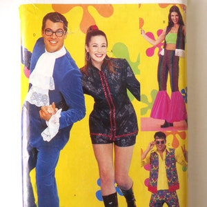 May include: A vintage sewing pattern for a 1970s disco costume. The pattern includes instructions for a blue velvet suit, a black and silver sequined jacket with shorts, and a colorful patterned vest with pants. The pattern is labeled "P454 Butterick" and "All Sizes Included".