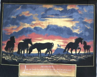 Horses at Sunset Fabric Panel, The Family Bond Verse, Words of Wisdom 6177 Springs Ind, 36 x 45 inches Quilt Panel, Black Blue Gold Orange