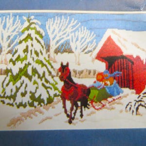 2 Vintage Longstitch Kits, Covered Bridge and Winter Birches, Set of 2 Artcraft Concepts 5510, 14 mesh Canvas and Yarns, Winter Snow Scenes