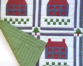Handmade House Quilt Hand Quilted, Cotton Prints, 32 wide X 34 long, Wall Hanging Throw or Table Topper, Country Farmhouse Quilt