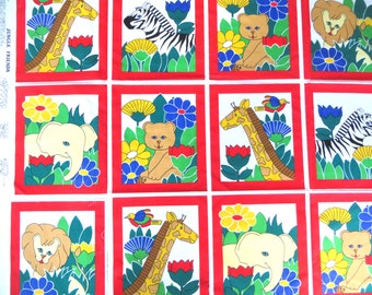 Jungle Friends Animal Quilt Blocks, Zoo Animals, 12 Printed Blocks, One is Cut Apart, Springs, Red Borders Zebra Elephant Giraffe Bear Lion