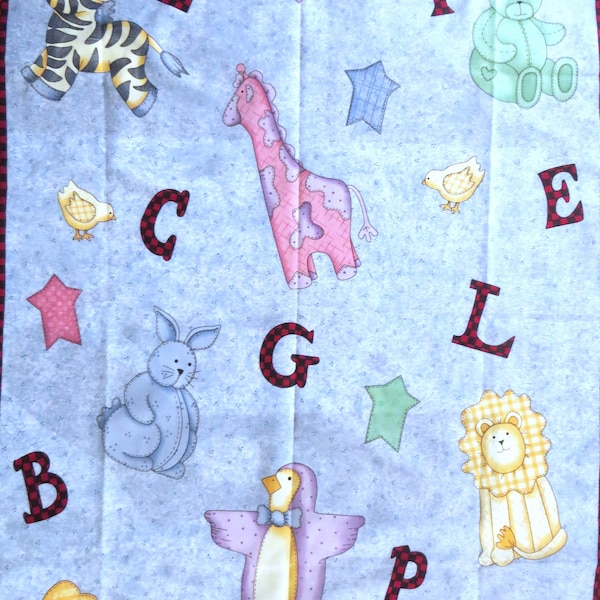 Alphabet Animal Quilt Top Fabric Panel to sew 35 x 44 inch Child's Crib Quilt, Leslie Beck Cranston, Blue Background, Nursery Decor