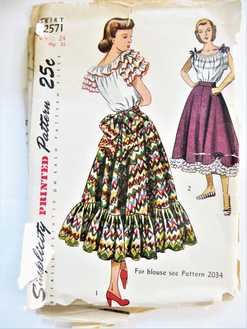 Simplicity 2571 Sewing Pattern, 40s Long Full Flared Waistband Skirt with Ruffle at Bottom Hem, Waist Ties for Big Bow, Waist size 24 Hip33 image 2
