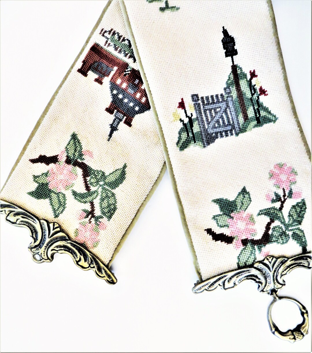 Vintage Needlepoint Bell Pull, Historical Boston Colonial Americana