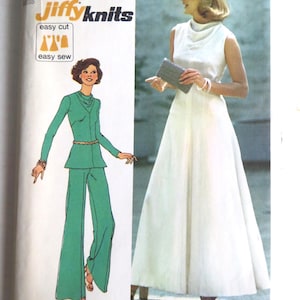 May include: Vintage Simplicity sewing pattern envelope featuring illustrations of two women's outfits. One is a green pantsuit, and the other is a white dress. The envelope reads "Jiffy Knits" and "easy cut, easy sew."