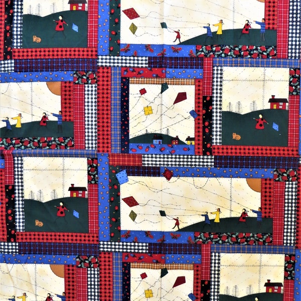After School Adventures Fabric , Children Kites Printed Quilt Fabric, Maywood Studio, Log Cabin Print Quilting Cotton, Red Blue Ecru