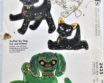 McCall's 2425 Vintage Cat and Dog Pattern, All Over Embroidery, 15 in Cat, 10 in Kitten, 13 in Dog, Button Joined Legs, Transfer Pattern