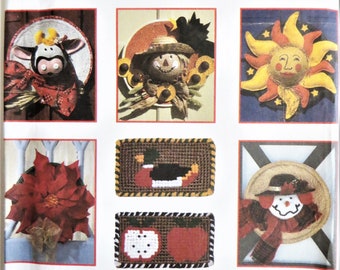 Simplicity 9129 Pattern for 5 Seasonal Decorative Hats, Wall Hangings or Door Decor, and Door Mats, Christmas, Sun Face Autumn Cow Snowman