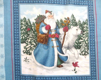 Old World Santa Pillow Fabric, 4 Cheater Quilt Blocks, Father Christmas Blue Coat, Cranston Cotton Northern Lights