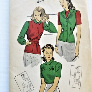 May include: Vintage sewing pattern for a sleeveless blouse with a collar and button closure. The pattern is for size 12 with a bust measurement of 30 inches. The pattern is illustrated with three women wearing different versions of the blouse in red, green, and white.