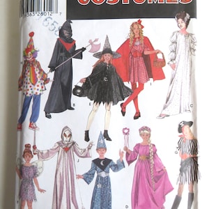 May include: A sewing pattern for children's costumes. The pattern includes a witch, a ghost, a fairy, a wizard, a pirate, a clown, a red riding hood, and a nightgown. The pattern is from Simplicity and is number 5934.