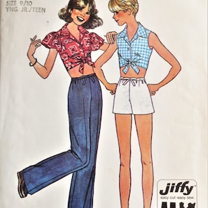 May include: A sewing pattern for two tops with a tie front. The pattern is for sizes 9-10, young junior/teen. The tops are shown on two models, one wearing a red and white patterned top with blue jeans and the other wearing a blue and white gingham top with white shorts. The pattern is called "Jiffy" and is easy cut and easy sew. The pattern has 2 or 3 main pattern pieces.