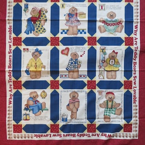 Teddy Bear Fabric Panel QuiltTop, Why Are Teddy Bears Sew Lovable, Daisy Kingdom, Cheater Quilt Top, for Wall or Crib Quilt, 35 x 44 inches