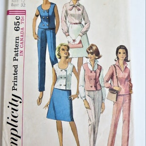 May include: Simplicity Printed Pattern 65c, a vintage sewing pattern for women's clothing. The pattern shows five different outfits, including a skirt and top, pantsuit, and a dress with a matching jacket. The pattern is for size 12, bust 32.