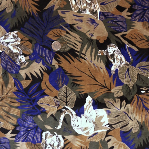 Jungle Print Cotton Knit Fabric, Wild Animals Monkeys Elephants, Dark Green Purple  Brown White Nature Print Jersey, Vintage Laurel Wayne