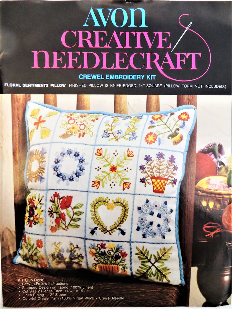Crewel Embroidery Pillow Kit Floral Sentiments Vintage Avon Etsy