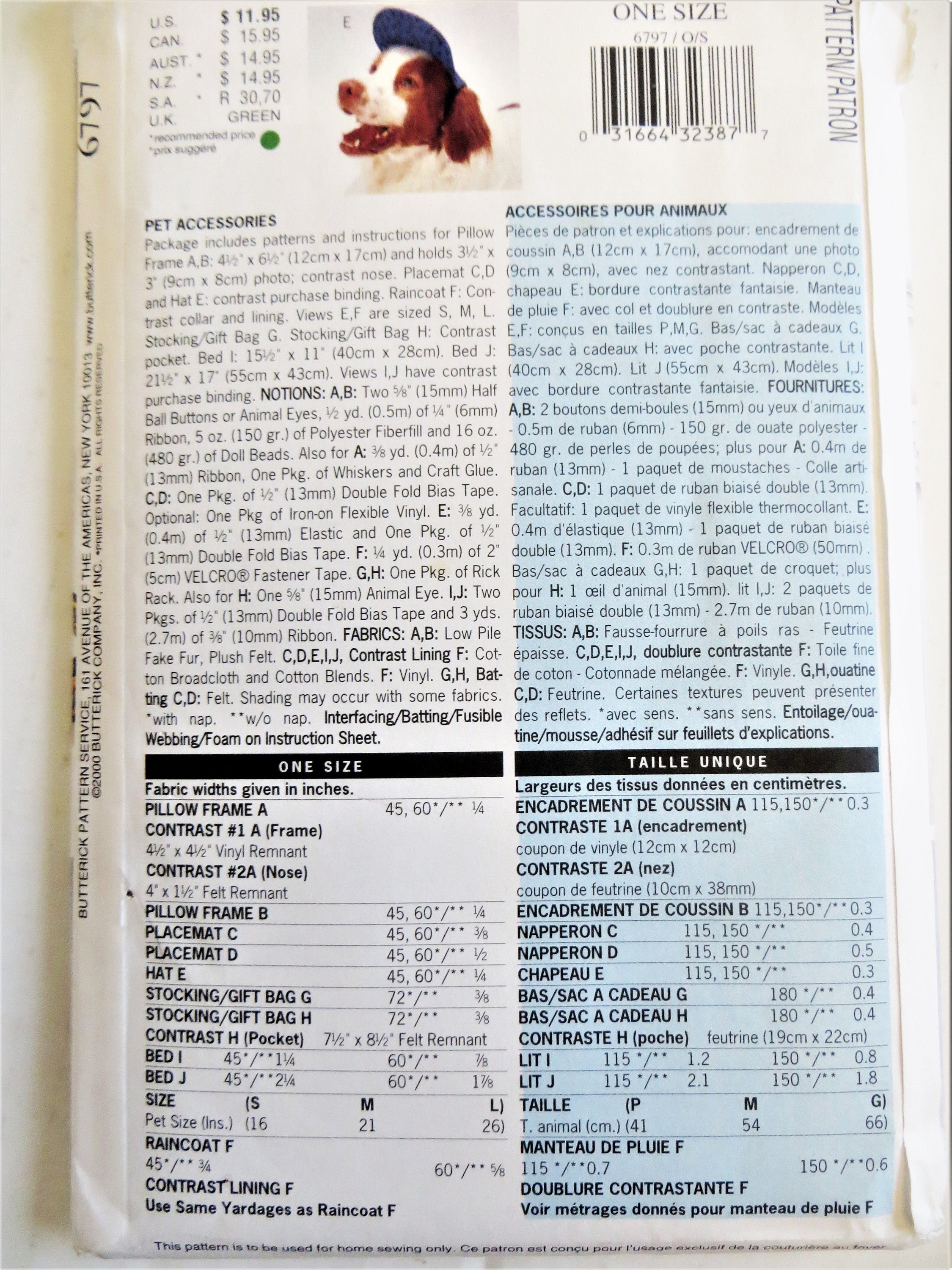 Butterick 6797 Pet Accessories Pattern for Picture Frames, Dog and Cat Bed,  Placemat, Christmas Stockings, Hat Raincoat, uncut