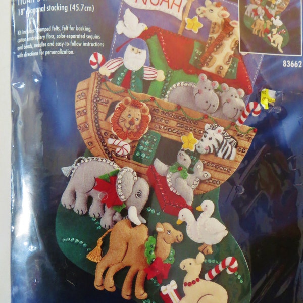 Noah's Ark Felt Stocking Kit, Bucilla 83662, 18 in Christmas stocking, Ark and Animals, Felt and Sequin Stocking Kit, Rare OOP,