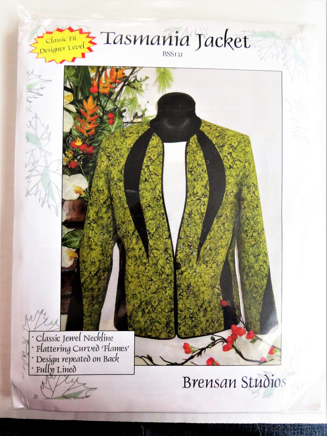 Tasmania Jacket Sewing Pattern, Brenson Studios BSS131, Jewel Neckline, Flame Insets, Lined